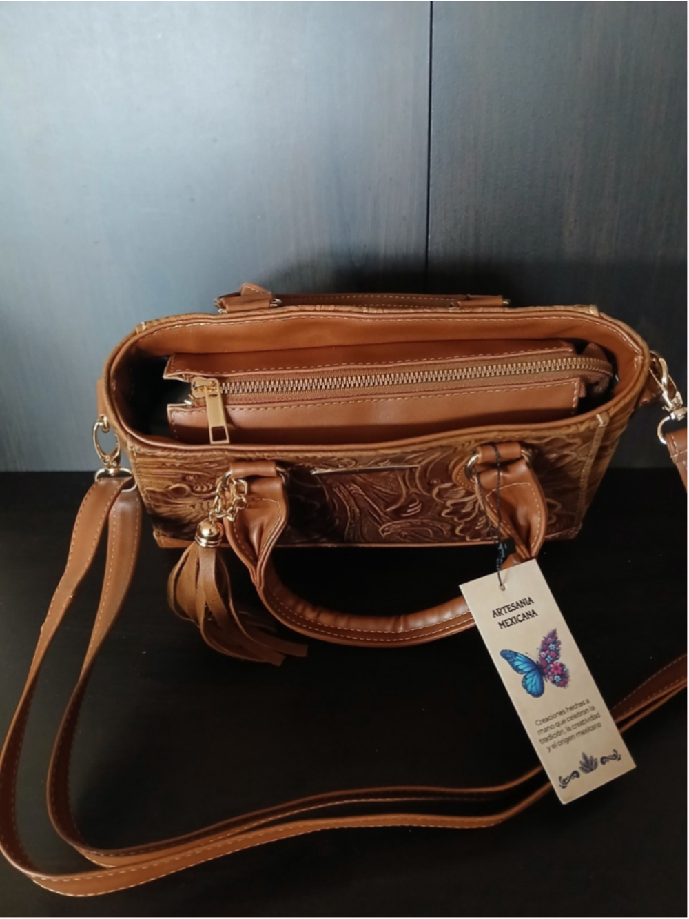 Brown Tasseled Floral Embossed Tooled Artisan LEATHER Crossbody bag Purse - Picture 10 of 16